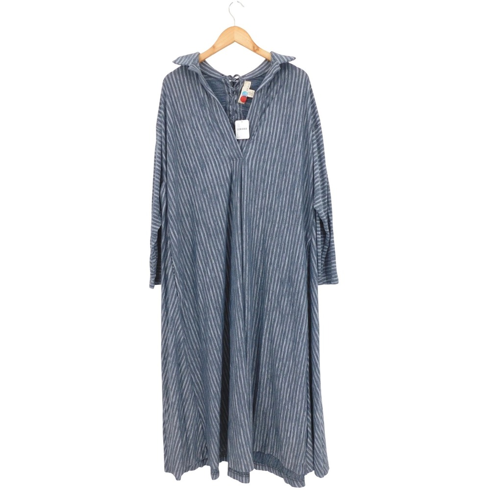Free People Beach Carbon Striped Lace Up Back Maxi Dress Blue White Large NEW